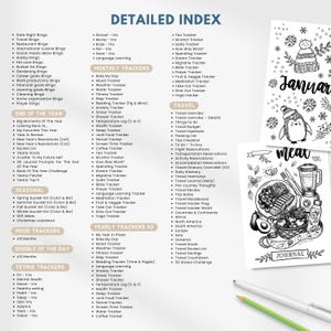 May include: A detailed index page listing various trackers including monthly, yearly, mood, and travel categories, alongside two black and white illustrated pages featuring a penguin in a winter hat and a food journal layout with a pen and pencil.