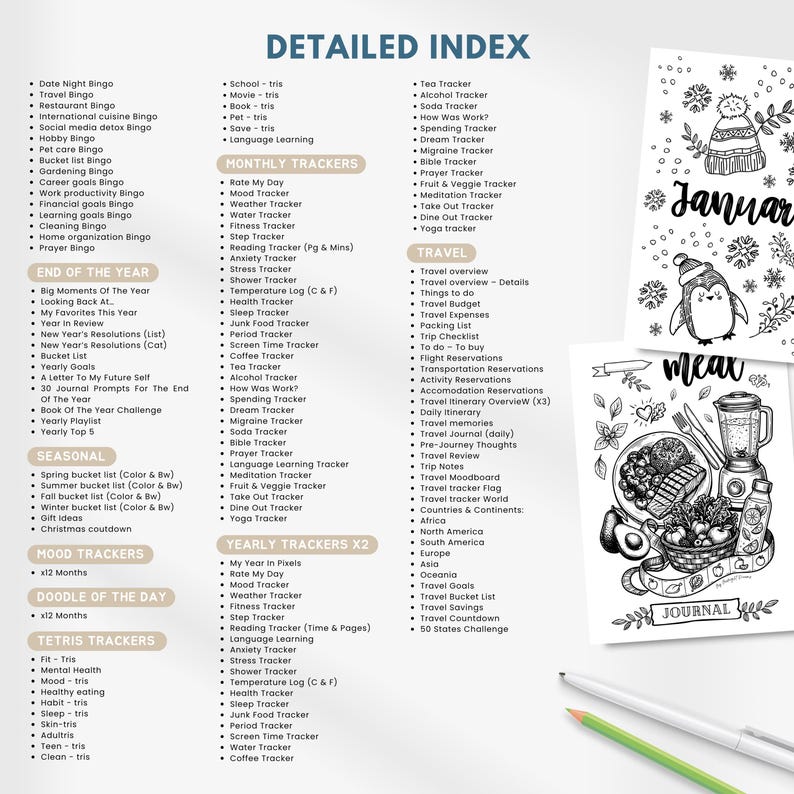 May include: A detailed index page listing various trackers including monthly, yearly, mood, and travel categories, alongside two black and white illustrated pages featuring a penguin in a winter hat and a food journal layout with a pen and pencil.