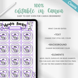 Yearly shower tracker, daily hygiene tracker, printable planner page, hair wash tracker, shower frequency log, editable journal template image 5