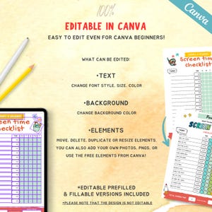 May include: A digital screen time checklist template with a teal and pink color scheme. The text reads "100% Editable in Canva" and "Easy to edit even for Canva beginners!" Also included are a yellow pencil and a white pen.