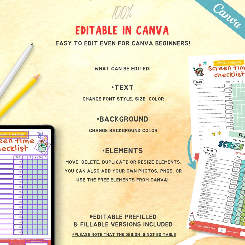 May include: A digital screen time checklist template with a teal and pink color scheme. The text reads "100% Editable in Canva" and "Easy to edit even for Canva beginners!" Also included are a yellow pencil and a white pen.