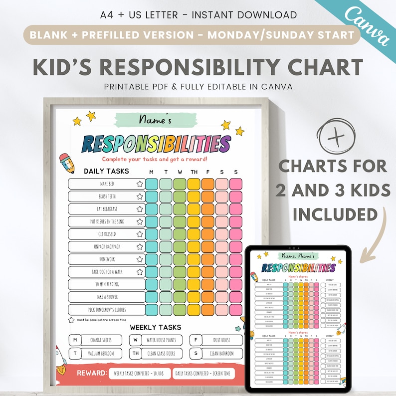 Editable Kids Chore Chart, Multiple Kids Chore Chart, Printable ...