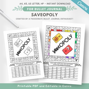 Puede incluir: Juego de mesa Saveopoly imprimible para bullet journal. El tablero de juego es blanco y negro con acentos de colores. El tablero de juego presenta una cuadrícula con números y espacios para que los jugadores muevan sus marcadores. El tablero de juego también incluye una tabla para realizar un seguimiento de los ahorros.