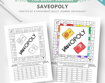 Printable saveopoly savings challenge, budgeting game, premade page for bullet journaling, savings game, editable journal template