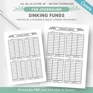 May include: Printable sinking funds tracker with four columns for fund name, date, balance, and due date. Each column has 10 rows for tracking savings goals. The tracker is designed for bullet journaling and is available as a printable PDF and editable in Canva.