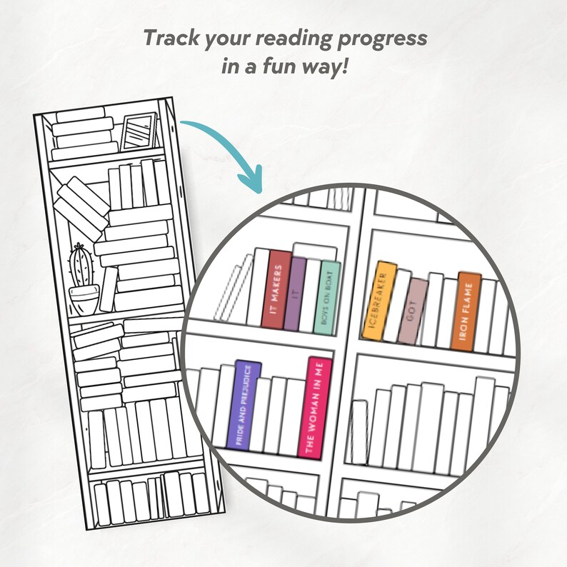 May include: A black and white illustration of a bookshelf with different colored book spines. The book spines have titles such as "Pride and Prejudice", "It Makers", "The Woman in Me", "Boys on Boat", "Icebreaker", "Got", and "Iron Flame".