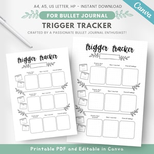 May include: Printable trigger tracker journal pages with a black and white design. The pages feature a dotted background and a title that says "Trigger Tracker".