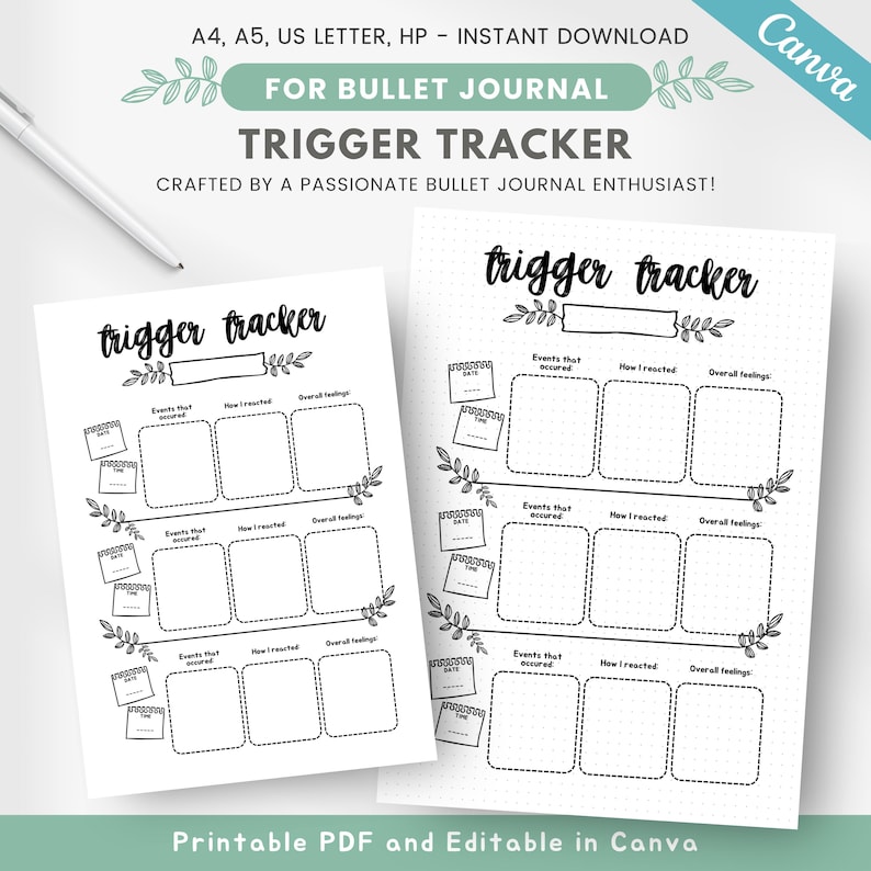 May include: Printable trigger tracker journal pages with a black and white design. The pages feature a dotted background and a title that says "Trigger Tracker".