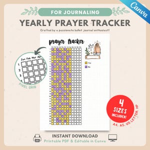 May include: A printable yearly prayer tracker with a pixel grid design. The tracker includes space to mark daily prayers, with options for 'Yes' and 'No'. The design includes the text 'Yearly Prayer Tracker' and 'Instant Download'. Available in 4 sizes.