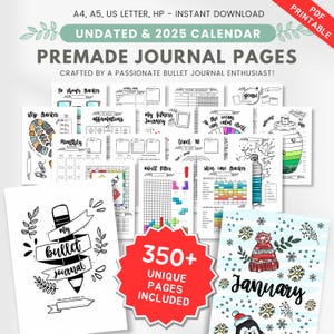 2025 journal bundle, 350+ premade bullet journal pages, habit trackers, monthly & yearly trackers | dots and no dots |A4, A5, US letter, HP