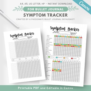 Maandelijkse symptoomtracker, symptoomlogboek, symptoomfrequentiegrafiek, dagboekpagina chronische ziekten, bijvoegsel gezondheidsplanner, bewerkbare bujo-sjabloon