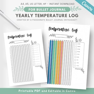 Puede incluir: Plantilla de seguimiento de temperatura anual imprimible para bullet journaling. El tracker tiene un esquema de colores arcoíris e incluye un espacio para registrar las temperaturas diarias de enero a diciembre. El tracker está diseñado para usarse con un bullet journal punteado.