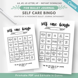 Juego de cartas de bingo de cuidado personal imprimible, bingo de salud mental, página de diario de cuidado personal, juegos de terapia, rastreador de bienestar, plantilla BuJo editable