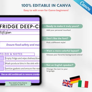 K&ouml;nnte beinhalten: Ein digitales Tablet zeigt eine lila und wei&szlig;e Checkliste mit dem Titel "FRIDGE DEEP-CLEAN" mit editierbarem Text. Das Bild enth&auml;lt den Text "100% EDITABLE IN CANVA" und Anweisungen zur Anpassung sowie Flaggen.