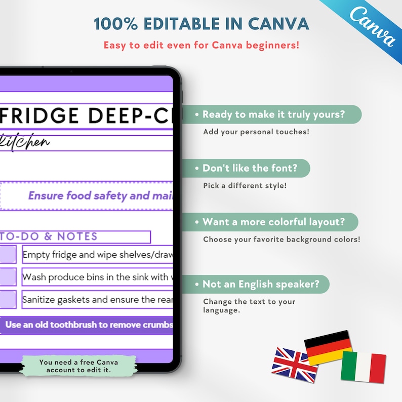 K&ouml;nnte beinhalten: Ein digitales Tablet zeigt eine lila und wei&szlig;e Checkliste mit dem Titel "FRIDGE DEEP-CLEAN" mit editierbarem Text. Das Bild enth&auml;lt den Text "100% EDITABLE IN CANVA" und Anweisungen zur Anpassung sowie Flaggen.