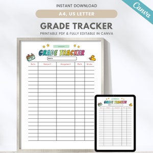 Printable kids grade tracker, homeschool teacher grade book, student grade sheet, fully editable assignment log, Canva template