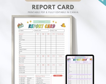 Fully editable homeschool report card for kids, school grade card, homeschool progress report, student marks, Canva transcript template