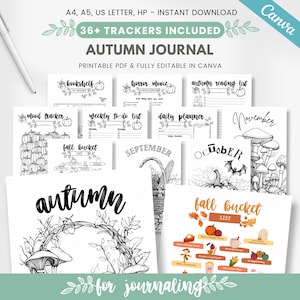 Op de afbeelding: Afdrukbare herfstjournaalpagina's met trackers voor stemming, lezen en takenlijsten. Het journaal is volledig bewerkbaar in Canva en bevat meer dan 36 trackers. Het ontwerp toont pompoenen, bladeren en paddenstoelillustraties. Inclusief A4, A5 en US Letter formaten.