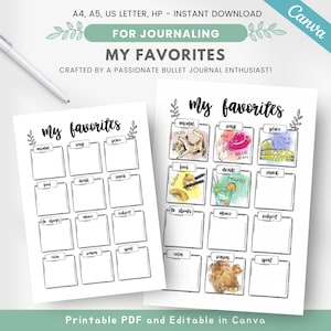 May include: Printable journal page with a dotted background and black outlines. The page is divided into sections with headings such as "animal", "song", "place", "food", "drink", "snack", "color", "season", and "sport". The page is designed for listing personal favorites.