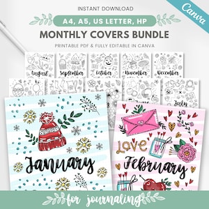 Pagine di copertina per 12 mesi, inserto per titolo di 12 mesi, pagine del titolo del diario mensile modificabili, copertina mensile predefinita per bullet journal, pagine da colorare