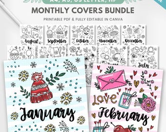 Omslagpagina's van 12 maanden, titelbijlage van 12 maanden, bewerkbare titelpagina's maandelijks tijdschrift, kant-en-klare maandomslag bullet journal, kleurplaten