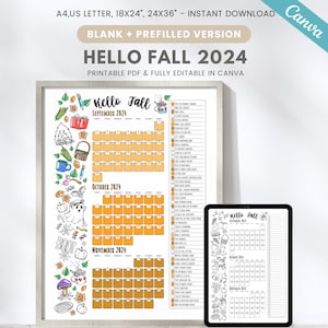 Bearbeitbarer 2024 Herbstaktivitätskalender, Kinder Herbst Bucket List Wandkalender, Familienspaß Aktivität, Hallo Herbst-Countdown-Kalender Postergröße
