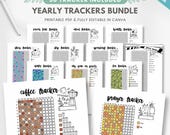 Yearly Tracker Bundle, Pixel Trackers, Printable Planner Insert, Yearly Habit tracker (PDF & Canva Editable)