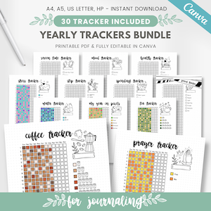 Può includere: Un set di 30 tracker annuali stampabili per la tenuta di un diario. I tracker sono progettati in un formato a griglia con vari temi, tra cui caffè, tè, umore, salute, stress, passi, spese, acqua, preghiera e tempo sullo schermo. I tracker sono completamente modificabili in Canva.