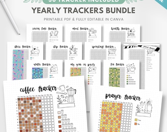 Yearly Tracker Bundle, Pixel Trackers, Printable Planner Insert, Yearly Habit tracker (PDF & Canva Editable)