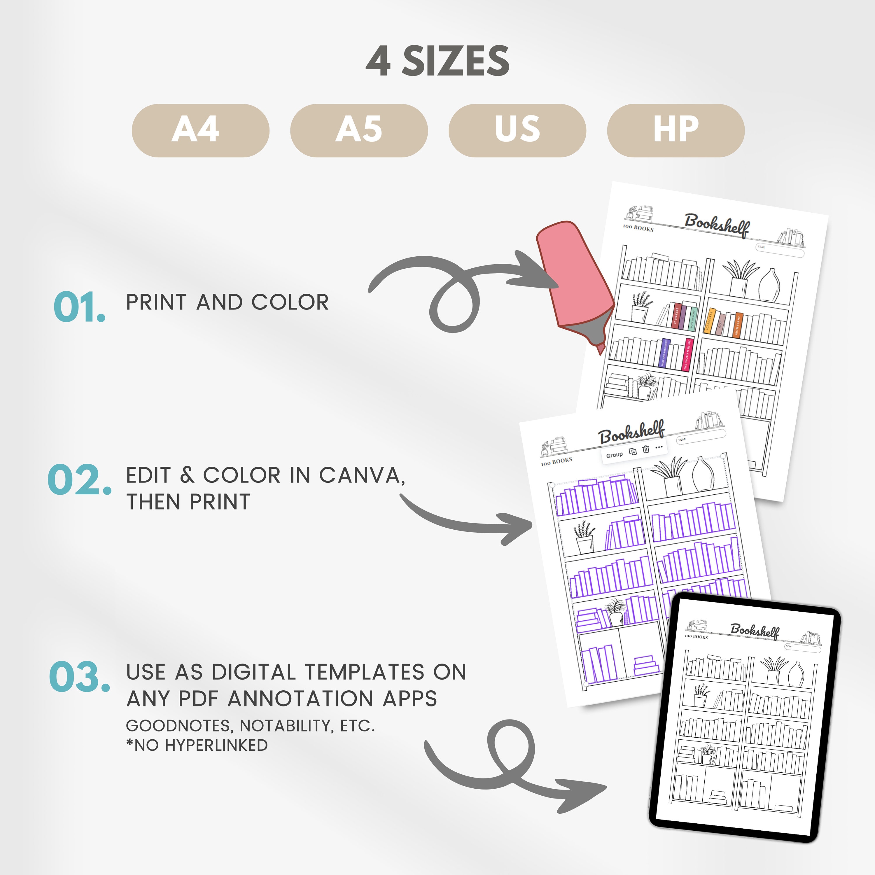 Editable Reading Tracker, Printable Bookshelf Bundle, 50 & 100 Books ...