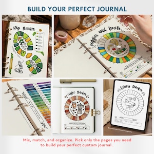 May include: A collection of journal pages featuring various trackers including a step tracker with a footprint design, a veggie and fruit tracker, a pen test page, a coffee tracker with a moka pot illustration, and a fitness tracker page.