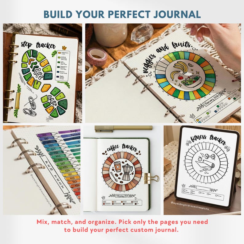 May include: A collection of journal pages featuring various trackers including a step tracker with a footprint design, a veggie and fruit tracker, a pen test page, a coffee tracker with a moka pot illustration, and a fitness tracker page.