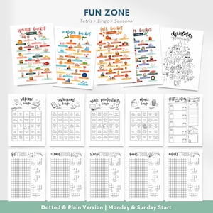 May include: A collection of printable activity sheets titled Fun Zone, featuring seasonal bucket lists, bingo cards for self-care, restaurants, work, and movies, plus gift trackers and Tetris-style habit grids with dotted and plain layout options.