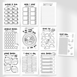 May include: Black and white printable planner pages with various sections for tracking podcasts, artists, workouts, dreams, plants, words, and series. The pages include illustrations of a whale, clouds, a plant, and a book.