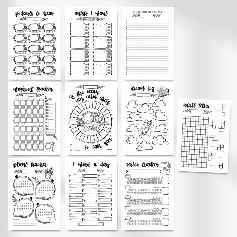 May include: Black and white printable planner pages with various sections for tracking podcasts, artists, workouts, dreams, plants, words, and series. The pages include illustrations of a whale, clouds, a plant, and a book.