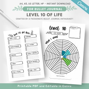 May include: Two printable bullet journal pages. One page lists categories with checkboxes, titled "How I'll get there." The other page is a circular chart labeled "Level 10 of Life" with a section for an inspirational quote. The text "Printable PDF and Editable in Canva" is at the bottom.