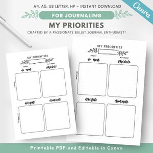 May include: Printable black and white planner page with the title "My Priorities". The page is divided into four sections labeled "Urgent - Do Now", "Not Urgent - Schedule", "Delegate", and "Eliminate".
