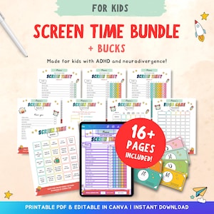 Tabla de tiempo de pantalla editable con recompensas en dólares, lista imprimible de tiempo de pantalla para niños, reglas de tiempo de pantalla familiar, fichas de TV, plantilla de Canva
