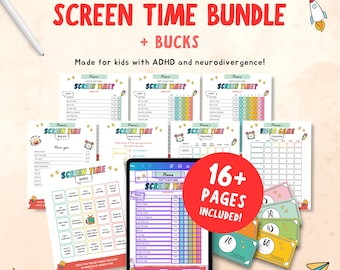 Editable screen time chart with reward bucks, printable kids screen time checklist, family screen time rules, tv tokens, Canva template