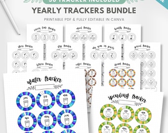 Yearly trackers bundle, 30+ yearly circular tracker, journal tracker to color, printable planner insert, editable journal template