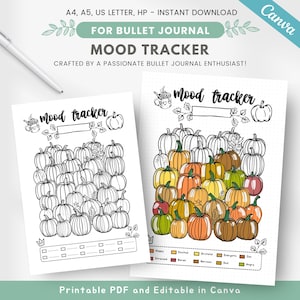 Può includere: Tracker di umore stampabile con tema autunnale. Il tracker presenta una griglia di zucche che possono essere colorate per rappresentare diversi stati d'animo. Gli stati d'animo sono elencati sotto la griglia: Felice, Eccitato, Grato, Energico, Zen, Stressato, Annoiato, Nervoso, Triste, Arrabbiato.