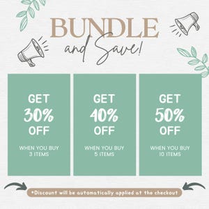 Peut inclure: Un graphique vert et blanc sur un fond brun clair. Le graphique est divis&eacute; en trois sections avec le texte "GET 30% OFF WHEN YOU BUY 3 ITEMS", "GET 40% OFF WHEN YOU BUY 5 ITEMS", et "GET 50% OFF WHEN YOU BUY 10 ITEMS". Le texte "BUNDLE and Save!" est en haut du graphique. Le graphique comprend &eacute;galement deux m&eacute;gaphones et quelques feuilles.