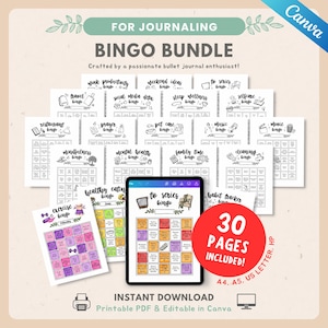 May include: A collection of printable bingo pages for journaling, including work productivity, travel, and self-care themes. The bundle includes 30 pages and is available for instant download in A4, A5, and US Letter sizes.