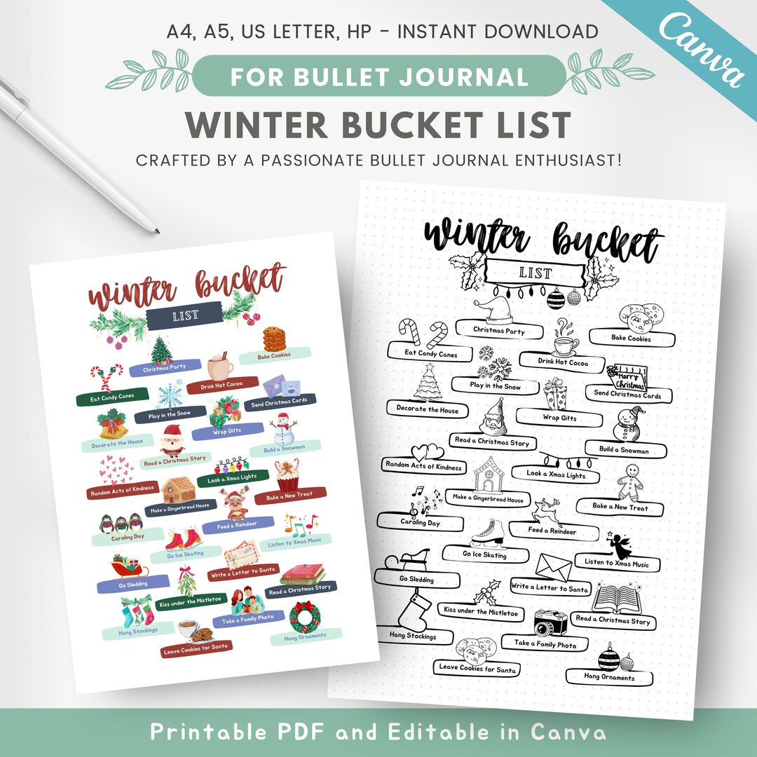 Winter Bucket List, Winter Activities Page, Printable Winter to Do List, Winter Bullet Journal ...
