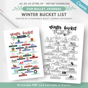 May include: Printable winter bucket list for bullet journaling. The list includes activities such as decorating the house, baking cookies, and going ice skating. The list is designed to be used in a bullet journal.