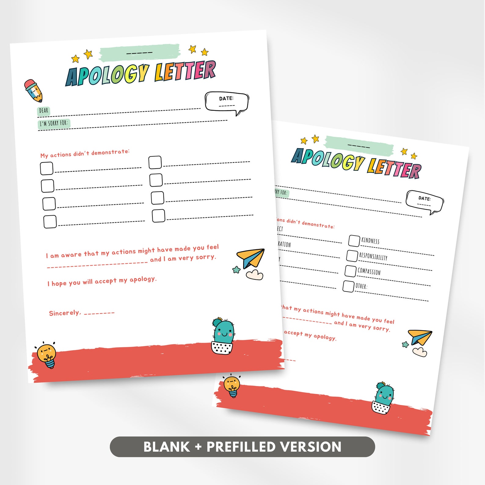 Editable Kids Apology Letter, I'm Sorry Letter, Apology for Bad