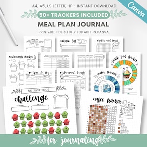 Könnte beinhalten: Ein druckbares Meal-Planner-Journal mit über 50 Trackern. Das Journal enthält Seiten zum Verfolgen von Kalorien, Restaurants, Rezepten, Wasseraufnahme, Kaffee, Junk Food und mehr. Das Journal ist vollständig in Canva bearbeitbar.