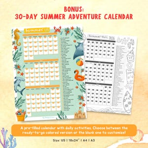 May include: A colorful summer adventure calendar with daily activities, featuring a seahorse, shark, and flamingo illustrations. The calendar includes the text "Summer Fun" and "30-Day Summer Adventure Calendar". The size is 18x24 inches.