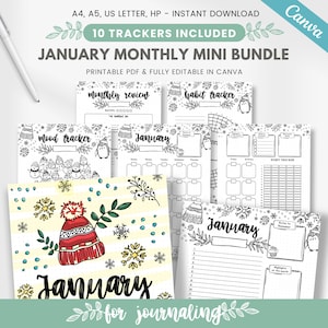 January journal bundle, january cover page & calendar, january mood tracker, printable journal pages, monthly review page, editable template