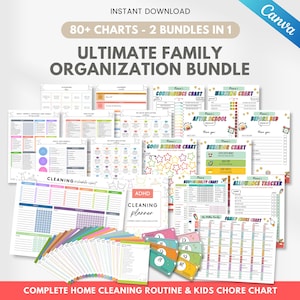 Könnte beinhalten: Ein digitales Paket mit über 80 druckbaren Organisationsdiagrammen, darunter Reinigungspläne, Aufgabenlisten, Verhaltensprotokolle und Taschengeld-Tracker. Die Sammlung enthält farbenfrohe Layouts, Checklisten und Planer.